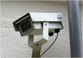 園内の安全を監視するために屋外のポールに設置された、白いハウジング（カバー）付きの防犯カメラ